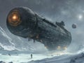 Enigmatic Arrival of a Massive Spaceship on a Snowy Planet Royalty Free Stock Photo