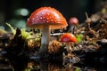 Enigmatic beauty of a delicate fly agaric under the bright sun in the forest glade Royalty Free Stock Photo