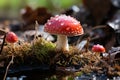 Enigmatic beauty of fly agaric in sunlit glade of deep forest, creating a mysterious atmosphere Royalty Free Stock Photo