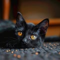 Enigmatic black cat on the ground, piercing yellow eyes captivate viewers