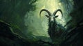 The Enigmatic Black Ram: A Dark And Painterly Forest Encounter Royalty Free Stock Photo