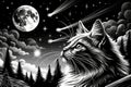 Enigmatic Cat Gazing at a Starry Night Sky with Full Moon Royalty Free Stock Photo