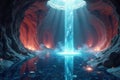Enigmatic celestial beam illuminates subterranean lake within a mystical cave system. Generative AI Royalty Free Stock Photo