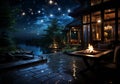 Enigmatic charm of a country house illuminated on a very dark night. AI generated