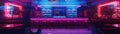 Enigmatic dark room lit by abstract neon lights showcasing a blend of 80s retro art synthwave aesthetics and cutting edge LED