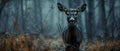 Concept Enigmatic Deer, Crimson Gaze, Misty Forest Enigmatic Deer with Crimson Gaze in Misty Forest