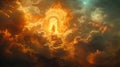 Enigmatic figure ascending steps to a glowing archway in a fiery cloud realm. Fiery portal in an ethereal cloud