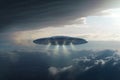 Enigmatic flight, Alien UFO saucer traverses cloud-filled sky above Earth