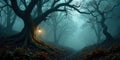 Enigmatic fog-shrouded forest path illuminated by a glowing lantern hanging from an ancient tree. Generative AI Royalty Free Stock Photo