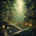 Enigmatic forest city, mystical architecture, illuminated pathways, and enigmatic atmosphere. A fantasy world of wonder and