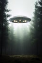 Enigmatic Forest Encounter - Flying Saucer Under Gray Foggy Sky