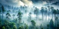 Enigmatic forest enveloped in captivating fog and mist creating an eerie and mysterious ambiance AI-Generated Content Royalty Free Stock Photo