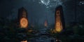Enigmatic Forest Glowing Monoliths in a Dark Landscape Royalty Free Stock Photo