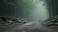 Enigmatic forest immersed in captivating mystical fog and mist, creating a mesmerizing scene
