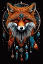 Enigmatic Fox Amidst Dream Catchers and Feathers in Celestial Night Illustration