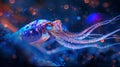Enigmatic giant squid photorealistic tribute in miki asai style, luminous tentacles, low angle view Royalty Free Stock Photo