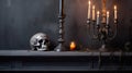 Enigmatic Halloween Emanations Mystical Still-Life Background with Skull, Candlestick, and Old Fireplace. created with Generative Royalty Free Stock Photo