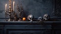 Enigmatic Halloween Emanations Mystical Still-Life Background with Skull, Candlestick, and Old Fireplace. created with Generative Royalty Free Stock Photo