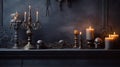 Enigmatic Halloween Emanations Mystical Still-Life Background with Skull, Candlestick, and Old Fireplace. created with Generative