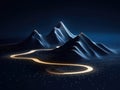 Enigmatic hills with a golden glowing path. Generative AI