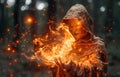 Enigmatic Hooded Figure Conjuring Fiery Magic in a Mystical Forest Setting