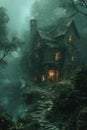 Enigmatic house with glowing windows in fog