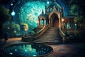 Enigmatic journey man exploring celestial corridor with surreal architecture and earthy elements