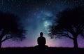 Enigmatic Meditating Figure Under Night Sky Trees (AI Generated)