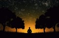 Enigmatic Meditating Figure Under Night Sky Trees (AI Generated)