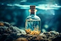 Enigmatic message in a bottle adrift, carrying hopes and dreams on the vast ocean currents