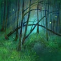 Enigmatic Mysterious Enchanted Forest. Fireflies and Magic Light in a Fairy-tale World.