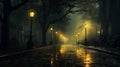 Enigmatic Night: Creepy Foggy Street with Vintage Street Lamps