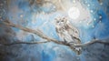 Enigmatic owl in moonlit forest branch with blue tones Royalty Free Stock Photo