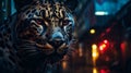 he enigmatic panther, clad in a sleek midnight velvet coat, prowls through a neon-lit urban jungle
