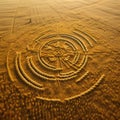 Enigmatic Patterns: Aerial View of Crop Circle Amidst Golden Wheat Field