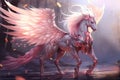 Enigmatic pegasus, mystical winged horse with dreamlike aura on peach fuzz art background