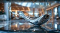 Enigmatic perspective A blurred view from ground level adds an intriguing mystique to a sleek chrome sculpture in a