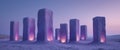 Enigmatic Purple Stone Pillars Glowing with Inner Fire in a Mystical Landscape Royalty Free Stock Photo