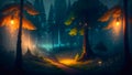 Enigmatic Rainy Druid Forest: A Mystical Journey Amidst Mist, Fireflies, and Lanterns