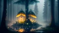 Enigmatic Rainy Druid Forest: A Mystical Journey Amidst Mist, Fireflies, and Lanterns