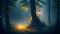 Enigmatic Rainy Druid Forest: A Mystical Journey Amidst Mist, Fireflies, and Lanterns