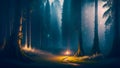 Enigmatic Rainy Druid Forest: A Mystical Journey Amidst Mist, Fireflies, and Lanterns