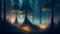 Enigmatic Rainy Druid Forest: A Mystical Journey Amidst Mist, Fireflies, and Lanterns