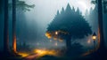 Enigmatic Rainy Druid Forest: A Mystical Journey Amidst Mist, Fireflies, and Lanterns