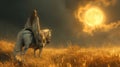 Enigmatic Rider and White Horse Under a Golden Moon Royalty Free Stock Photo