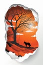 Enigmatic Silhouette Lone Wolf Under Stark Tree Against Fiery Sunset, Intricate Cutout Design with Orange Sky and Clouds,