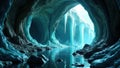 Enigmatic subterranean lake within a glacial cavern, characterized by stunning teal formations and icicle formations reflecting Royalty Free Stock Photo