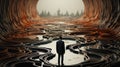 Enigmatic surrealistic optical illusion, man in endless tunnel