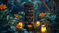 Enigmatic tiki statue amidst lush foliage, mysterious evening ambiance with glowing lights. evokes adventure and