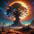 Enigmatic tree under vibrant cosmic sunset Royalty Free Stock Photo